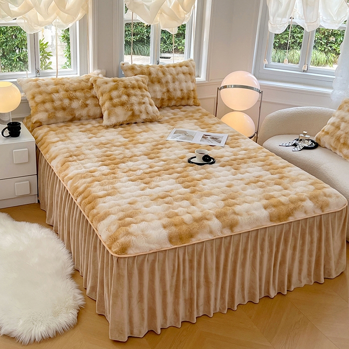 91家纺网 家纺一手货源 找家纺 梦舒羽 2025新款兔毛绒水晶绒床垫保护罩牛奶绒床垫床单罩单件床裙单品床裙 兔毛绒泡泡-梦幻奶咖