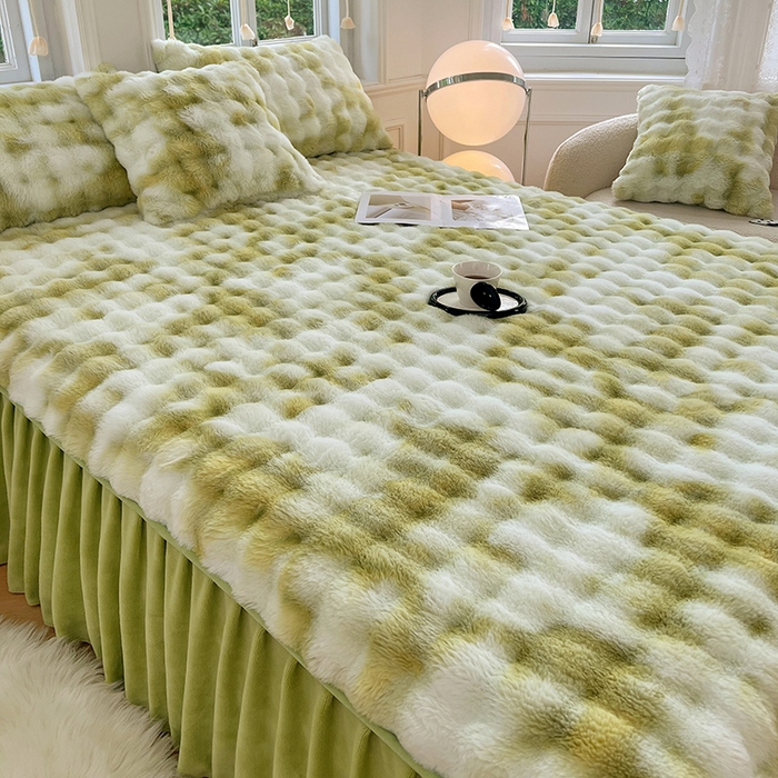 91家纺网 家纺一手货源 找家纺 梦舒羽 2025新款兔毛绒水晶绒床垫保护罩牛奶绒床垫床单罩单件床裙单品床裙 兔毛绒泡泡-梦幻果绿