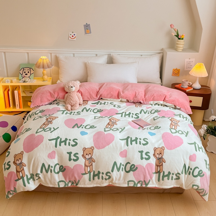 金盛纺 2025新款高克重牛奶绒印花系列单被套(可定制) 粉红桃心