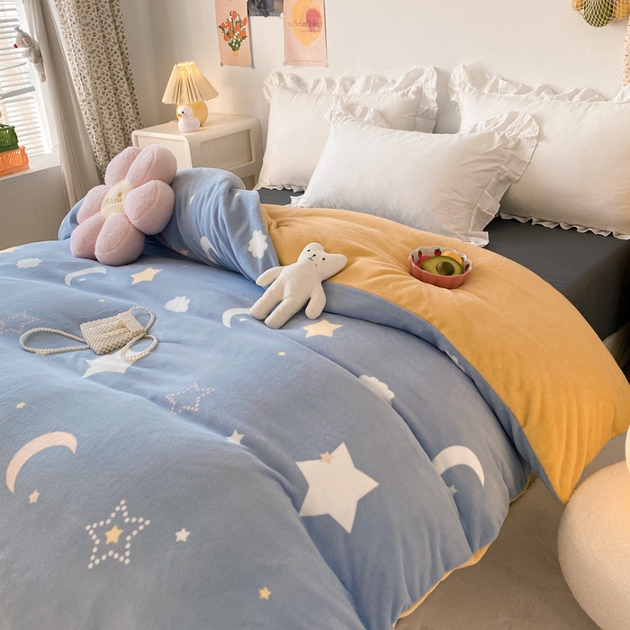 91家纺网 家纺一手货源 找家纺 金盛纺 2025新款高克重牛奶绒印花系列单被套(可定制) 梦幻星空（蓝）