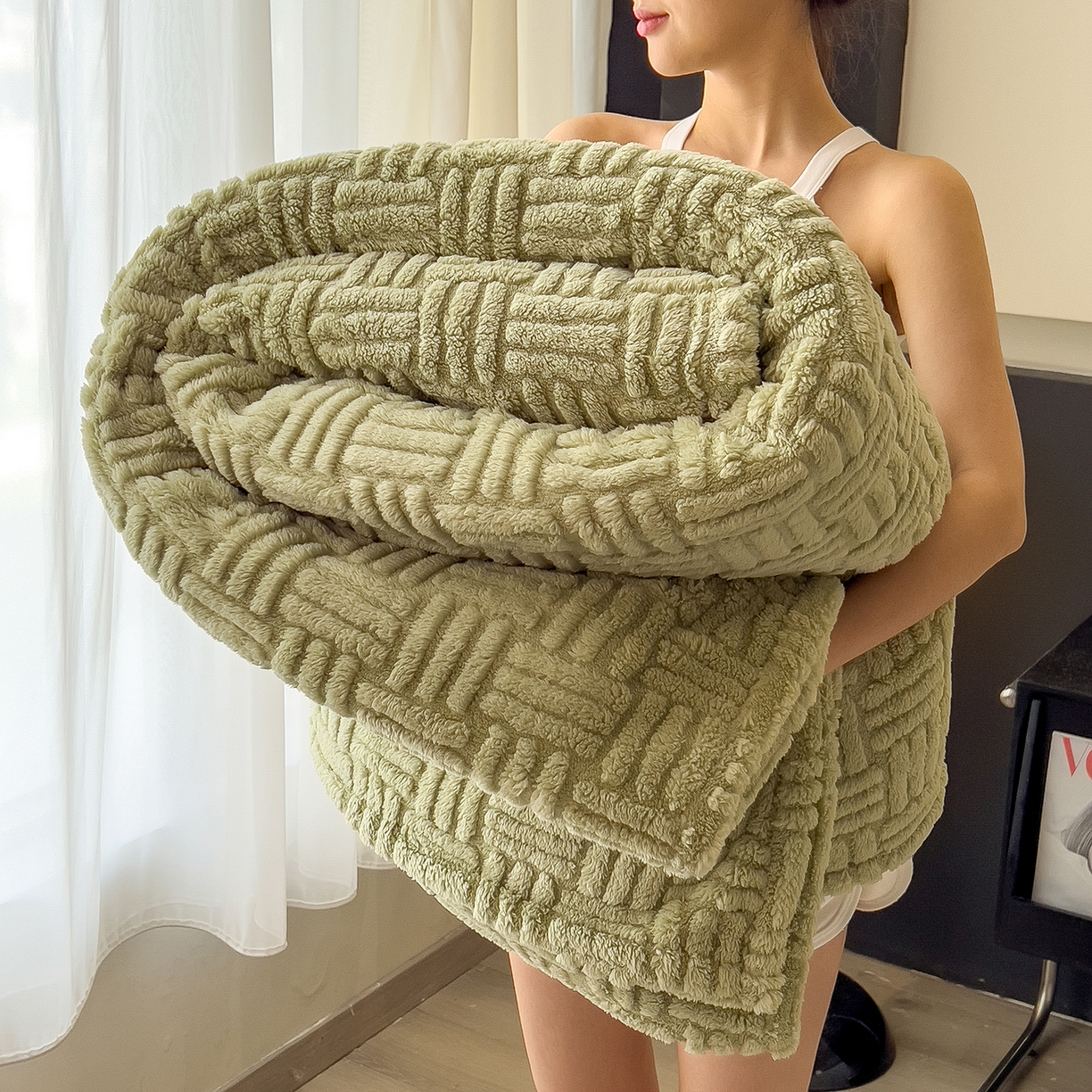 世纪绒品 2025新款A类几何牛奶绒提花毛毯 几何-果绿