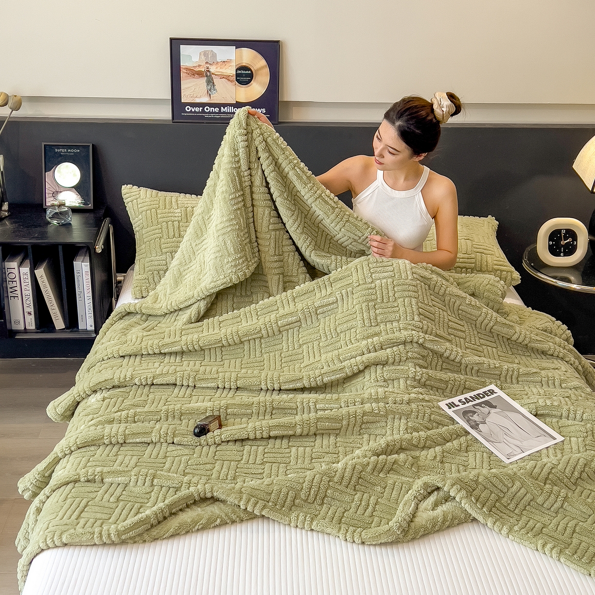 91家纺网 家纺一手货源 找家纺 世纪绒品 2025新款A类几何牛奶绒提花毛毯 几何-果绿