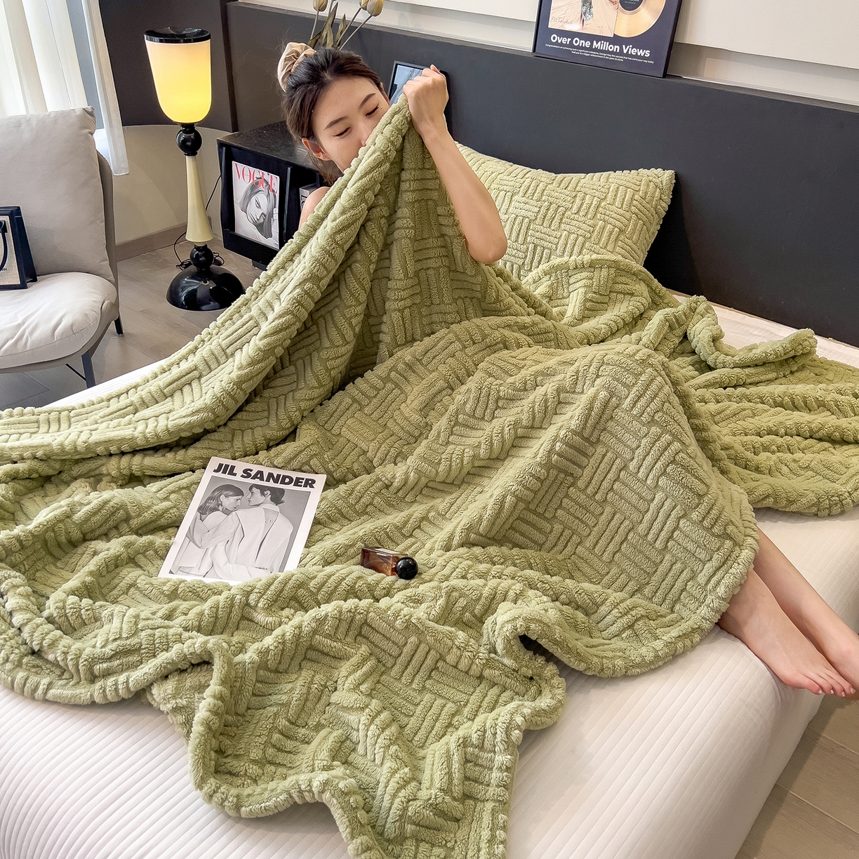 91家纺网 家纺一手货源 找家纺 世纪绒品 2025新款A类几何牛奶绒提花毛毯 几何-果绿