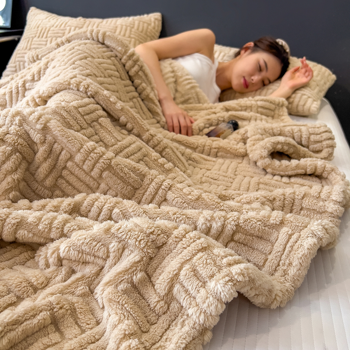 91家纺网 家纺一手货源 找家纺 世纪绒品 2025新款A类几何牛奶绒提花毛毯 几何-伯爵咖