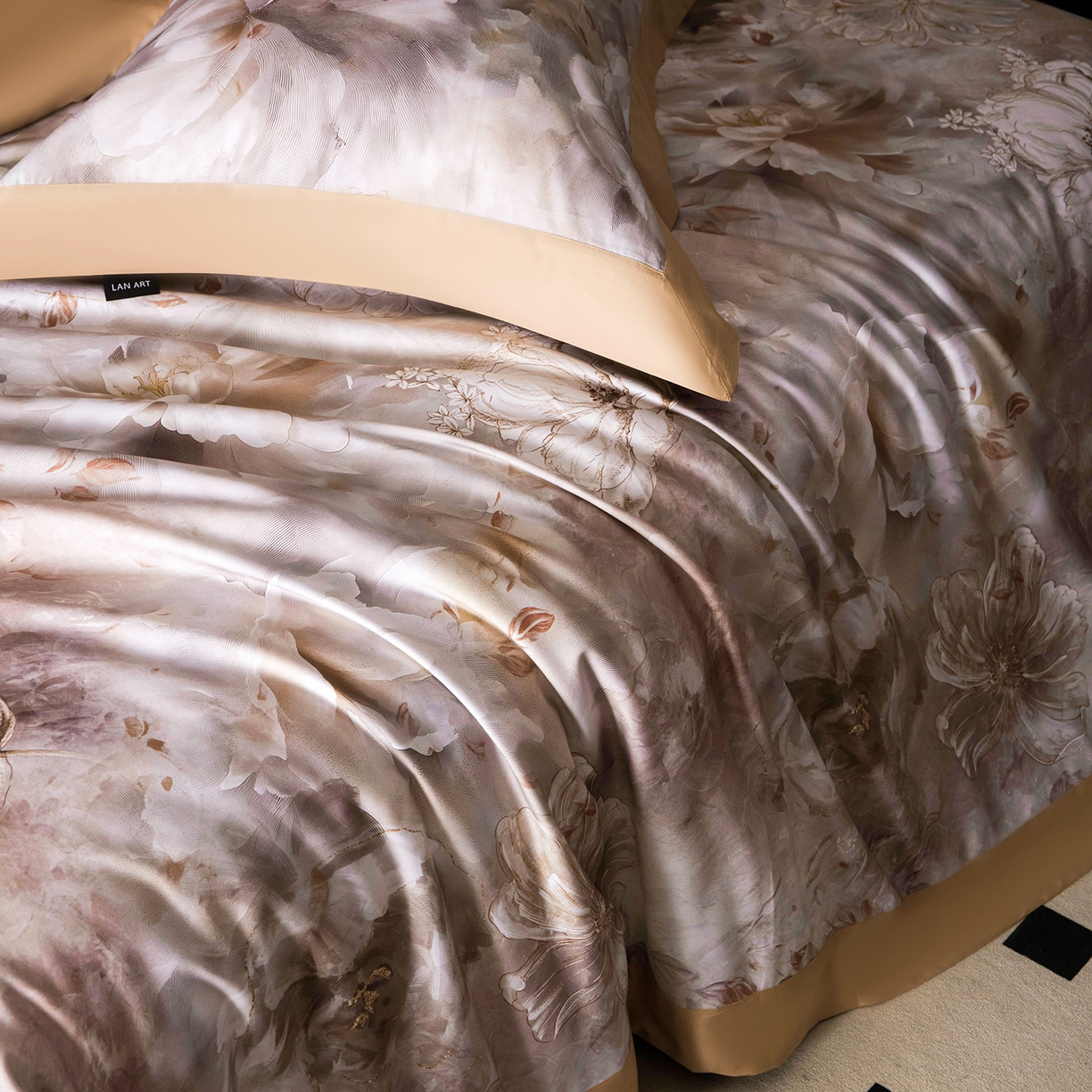 91家纺网 家纺一手货源 找家纺 洺兰家居 2025新款100支全棉新疆棉单拼角工艺款四件套长绒棉贴边床单床笠床上用品套件专（控价标准275加大285床笠275） 云锦