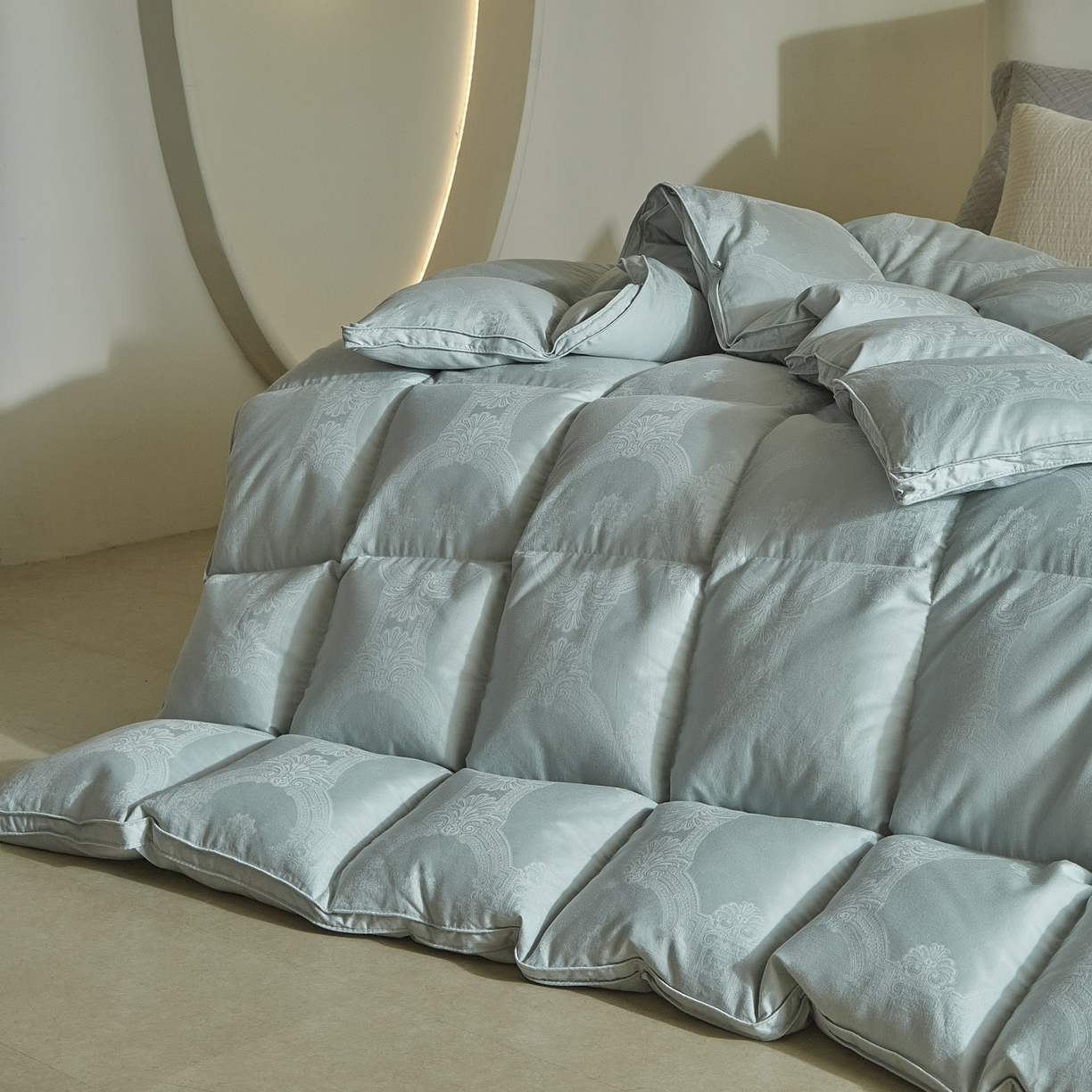 91家纺网 家纺一手货源 找家纺 暖羽屋羽绒馆 2025新款国标95白鹅绒被子 羽绒被芯60s大提花羽绒被 双人鹅绒被2米 婚庆被子 普希斯 蓝