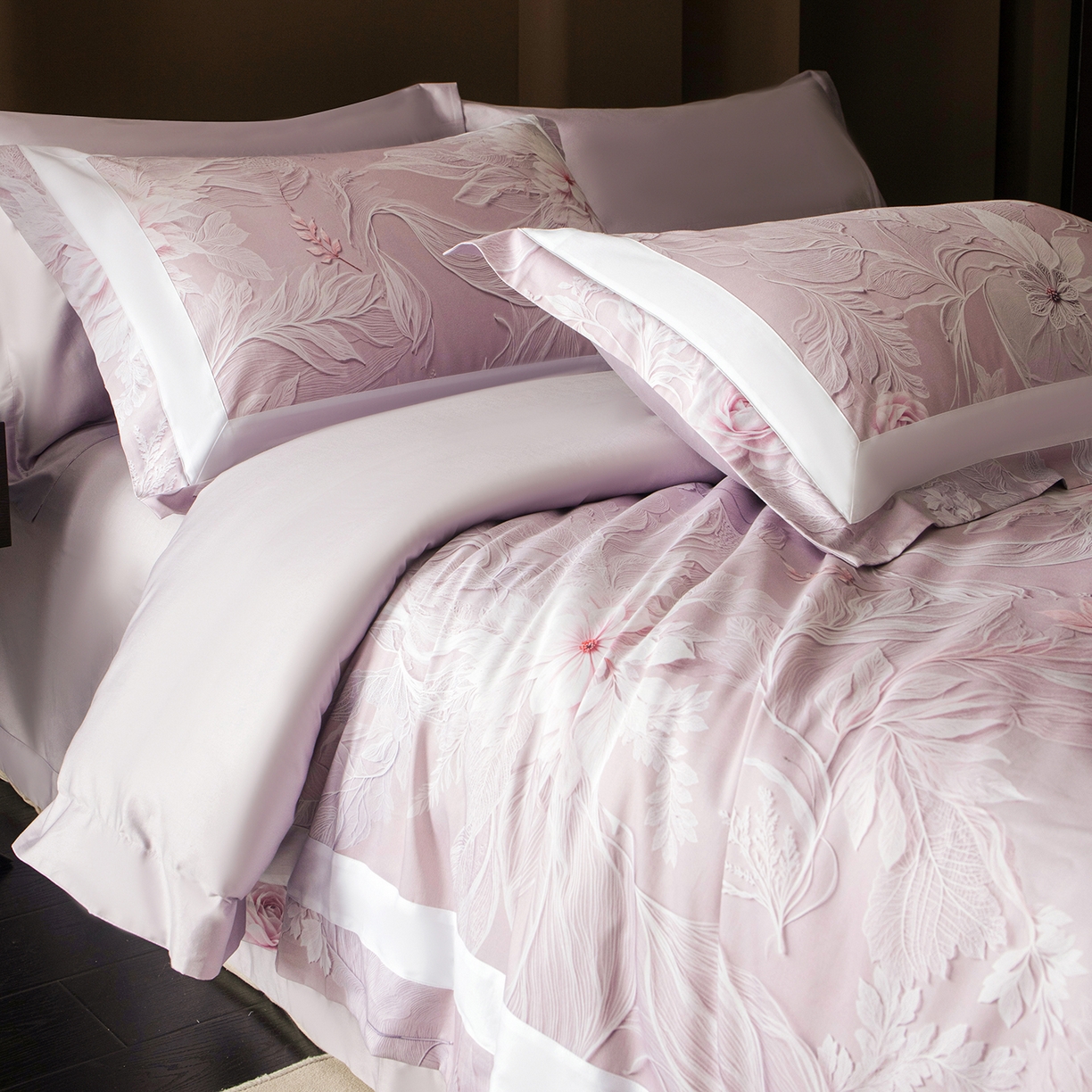 91家纺网 家纺一手货源 找家纺 洺兰家居 2025新款100支全棉新疆棉贴布工艺款四件套长绒棉贴边床单床笠床上用品套件专版（控价标准275加大285床笠275） 卡斯纳-紫