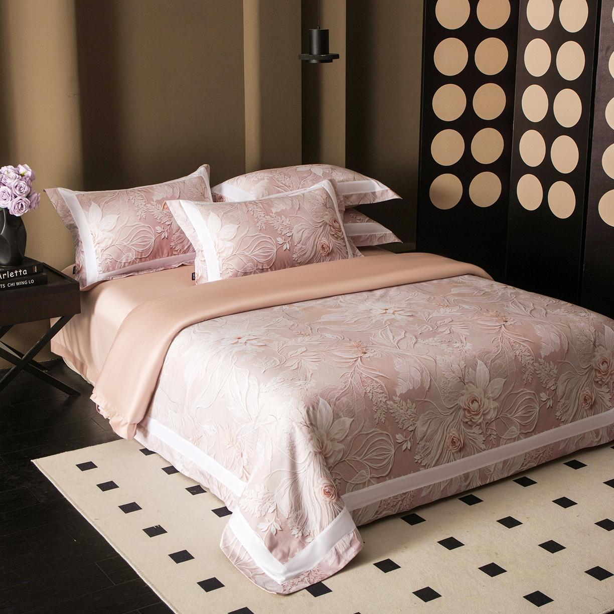 91家纺网 家纺一手货源 找家纺 洺兰家居 2025新款100支全棉新疆棉贴布工艺款四件套长绒棉贴边床单床笠床上用品套件专版（控价标准275加大285床笠275） 卡斯纳-粉