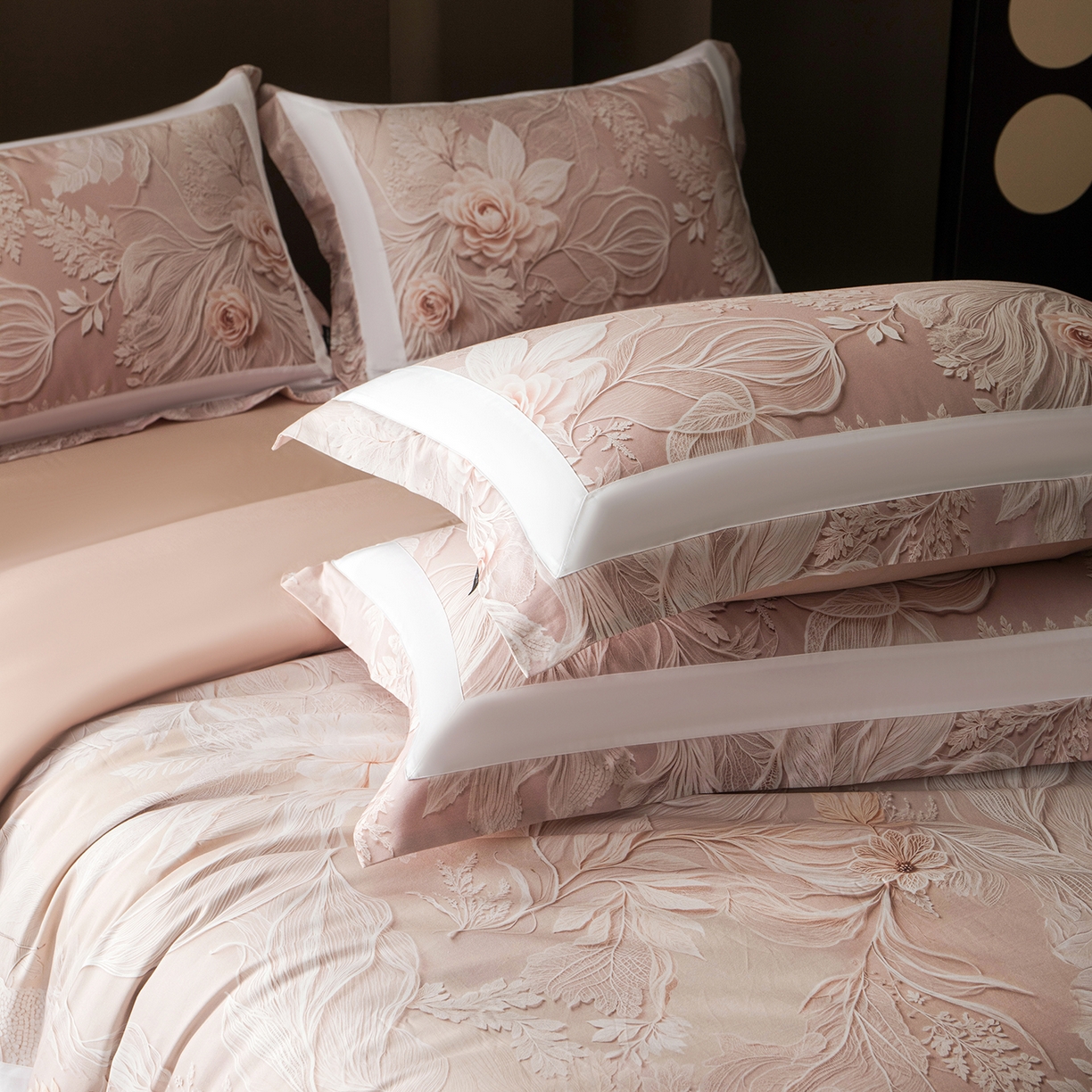 91家纺网 家纺一手货源 找家纺 洺兰家居 2025新款100支全棉新疆棉贴布工艺款四件套长绒棉贴边床单床笠床上用品套件专版（控价标准275加大285床笠275） 卡斯纳-粉