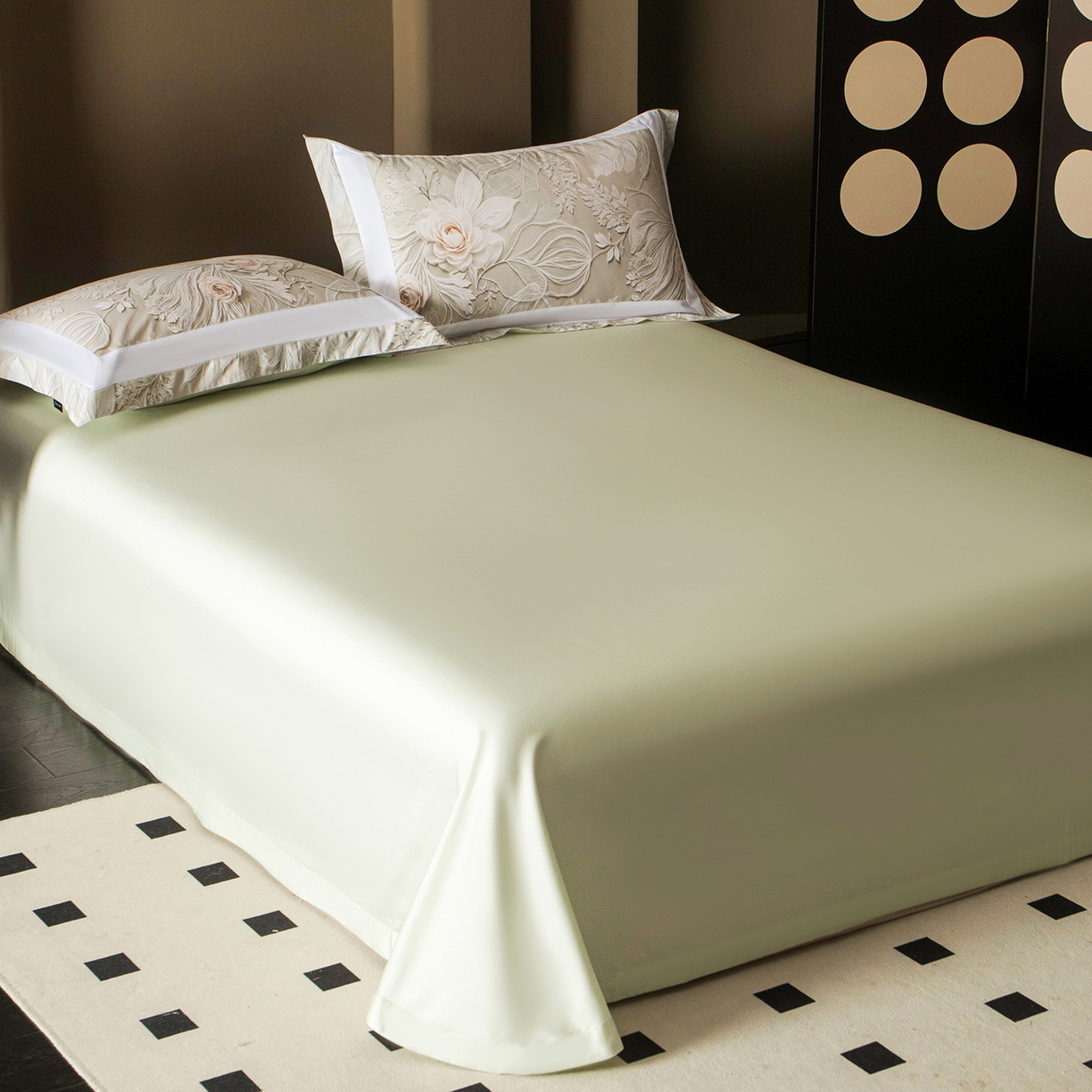 91家纺网 家纺一手货源 找家纺 洺兰家居 2025新款100支全棉新疆棉贴布工艺款四件套长绒棉贴边床单床笠床上用品套件专版（控价标准275加大285床笠275） 卡斯纳-绿