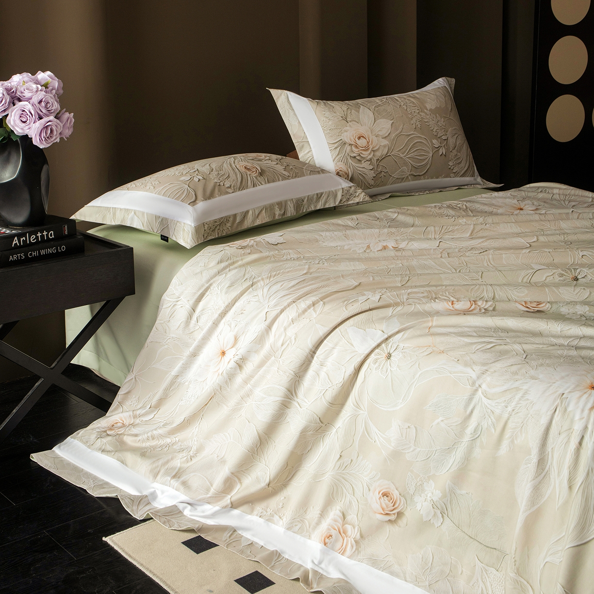 91家纺网 家纺一手货源 找家纺 洺兰家居 2025新款100支全棉新疆棉贴布工艺款四件套长绒棉贴边床单床笠床上用品套件专版（控价标准275加大285床笠275） 卡斯纳-绿