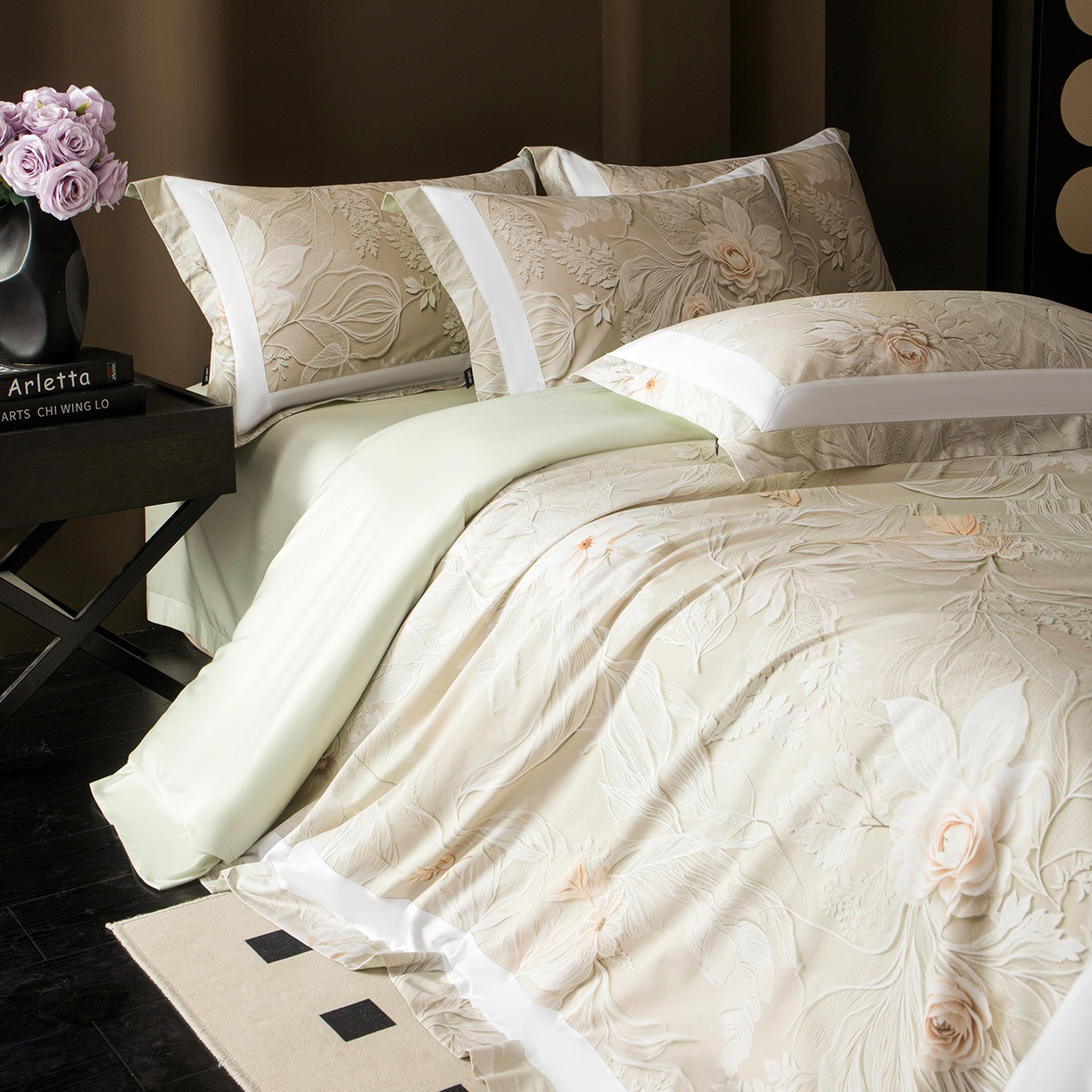 91家纺网 家纺一手货源 找家纺 洺兰家居 2025新款100支全棉新疆棉贴布工艺款四件套长绒棉贴边床单床笠床上用品套件专版（控价标准275加大285床笠275） 卡斯纳-绿