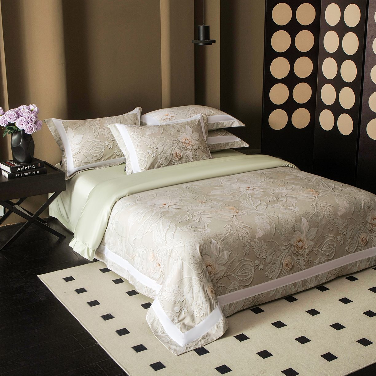 91家纺网 家纺一手货源 找家纺 洺兰家居 2025新款100支全棉新疆棉贴布工艺款四件套长绒棉贴边床单床笠床上用品套件专版（控价标准275加大285床笠275） 卡斯纳-绿