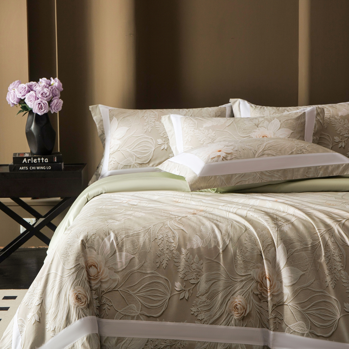 91家纺网 家纺一手货源 找家纺 洺兰家居 2025新款100支全棉新疆棉贴布工艺款四件套长绒棉贴边床单床笠床上用品套件专版（控价标准275加大285床笠275） 卡斯纳-绿