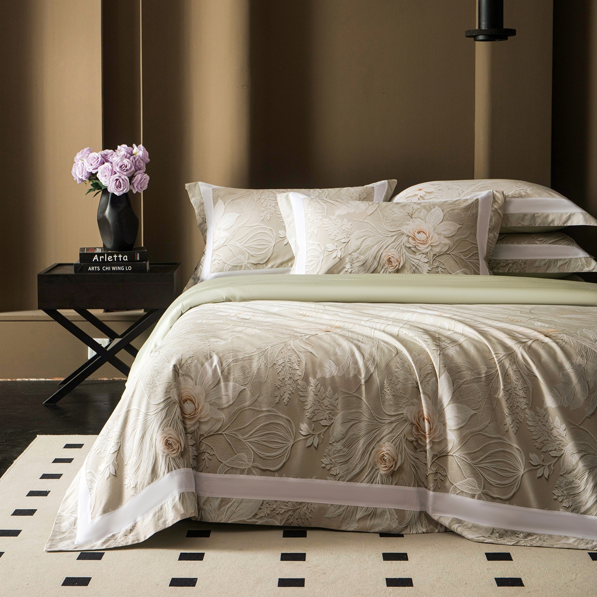 91家纺网 家纺一手货源 找家纺 洺兰家居 2025新款100支全棉新疆棉贴布工艺款四件套长绒棉贴边床单床笠床上用品套件专版（控价标准275加大285床笠275） 卡斯纳-绿