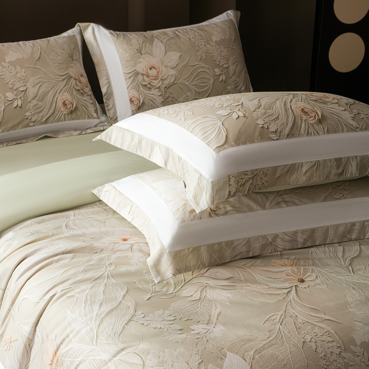 91家纺网 家纺一手货源 找家纺 洺兰家居 2025新款100支全棉新疆棉贴布工艺款四件套长绒棉贴边床单床笠床上用品套件专版（控价标准275加大285床笠275） 卡斯纳-绿