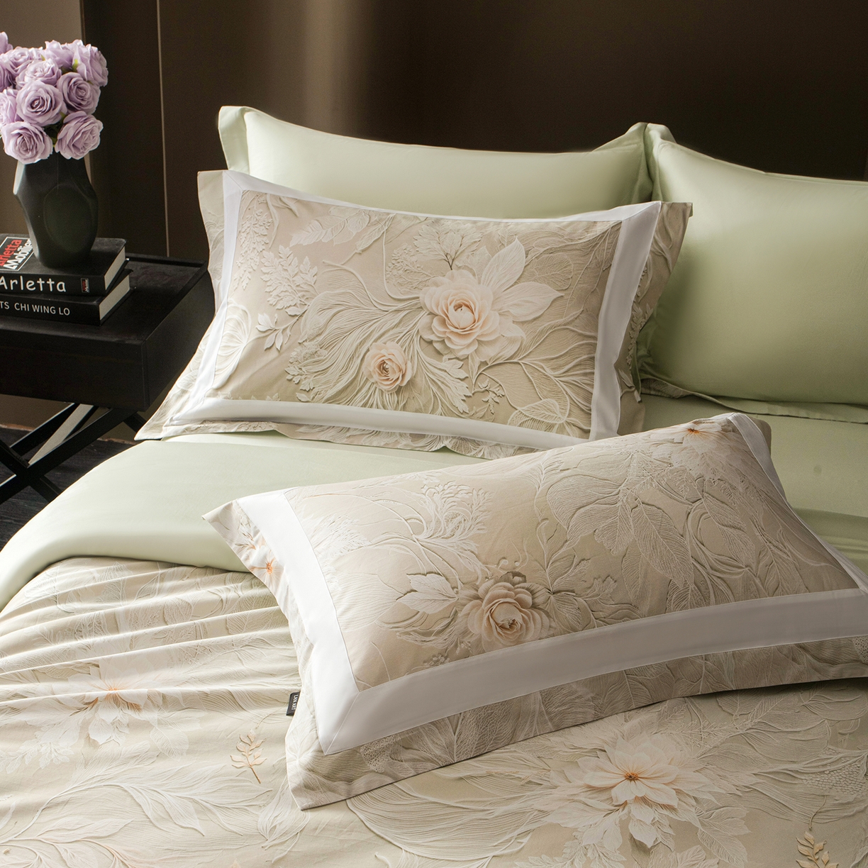 91家纺网 家纺一手货源 找家纺 洺兰家居 2025新款100支全棉新疆棉贴布工艺款四件套长绒棉贴边床单床笠床上用品套件专版（控价标准275加大285床笠275） 卡斯纳-绿