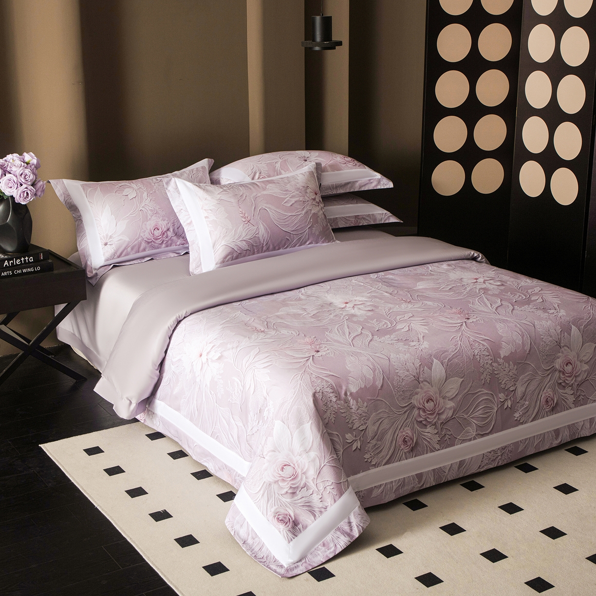 91家纺网 家纺一手货源 找家纺 洺兰家居 2025新款100支全棉新疆棉贴布工艺款四件套长绒棉贴边床单床笠床上用品套件专版（控价标准275加大285床笠275） 卡斯纳-紫