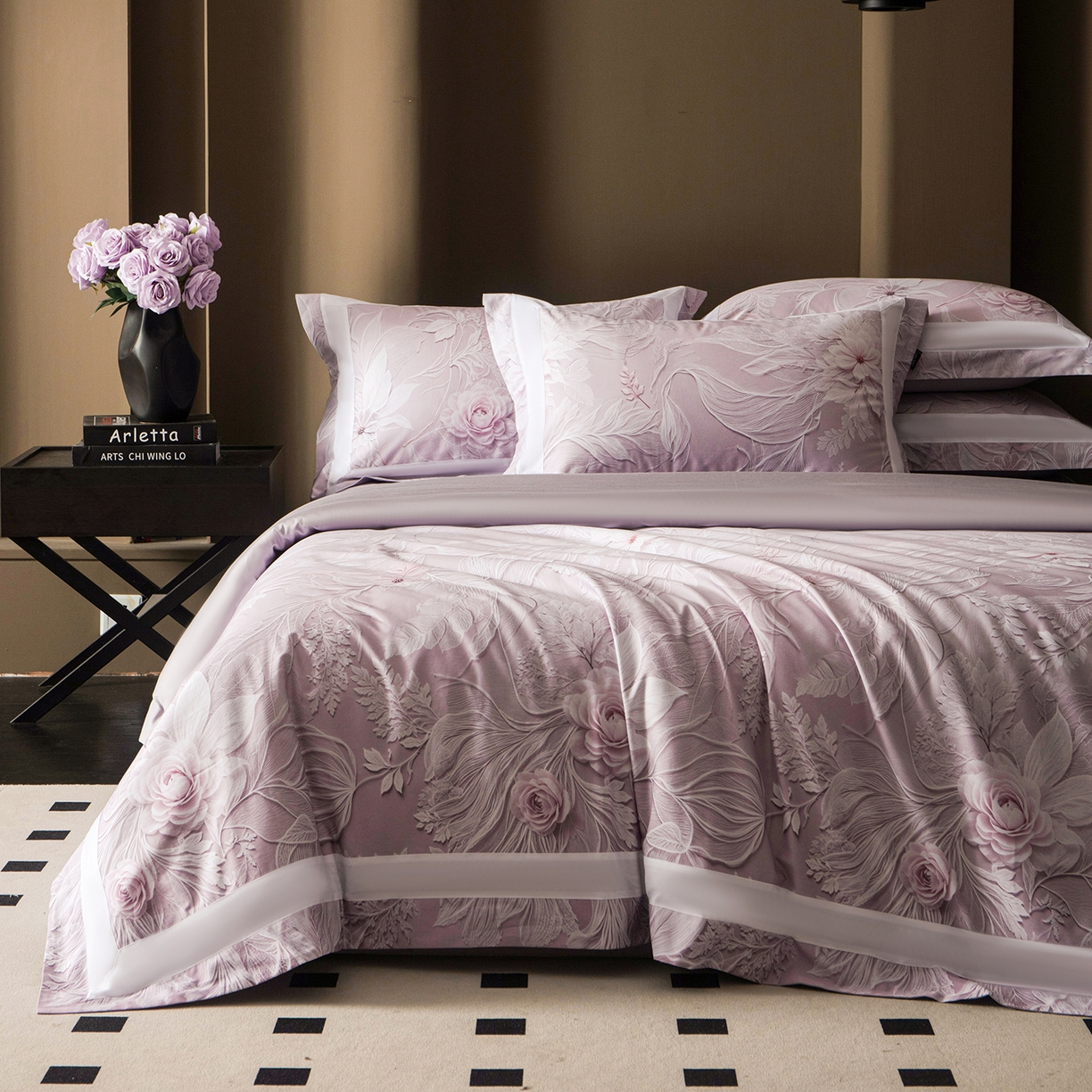 91家纺网 家纺一手货源 找家纺 洺兰家居 2025新款100支全棉新疆棉贴布工艺款四件套长绒棉贴边床单床笠床上用品套件专版（控价标准275加大285床笠275） 卡斯纳-紫