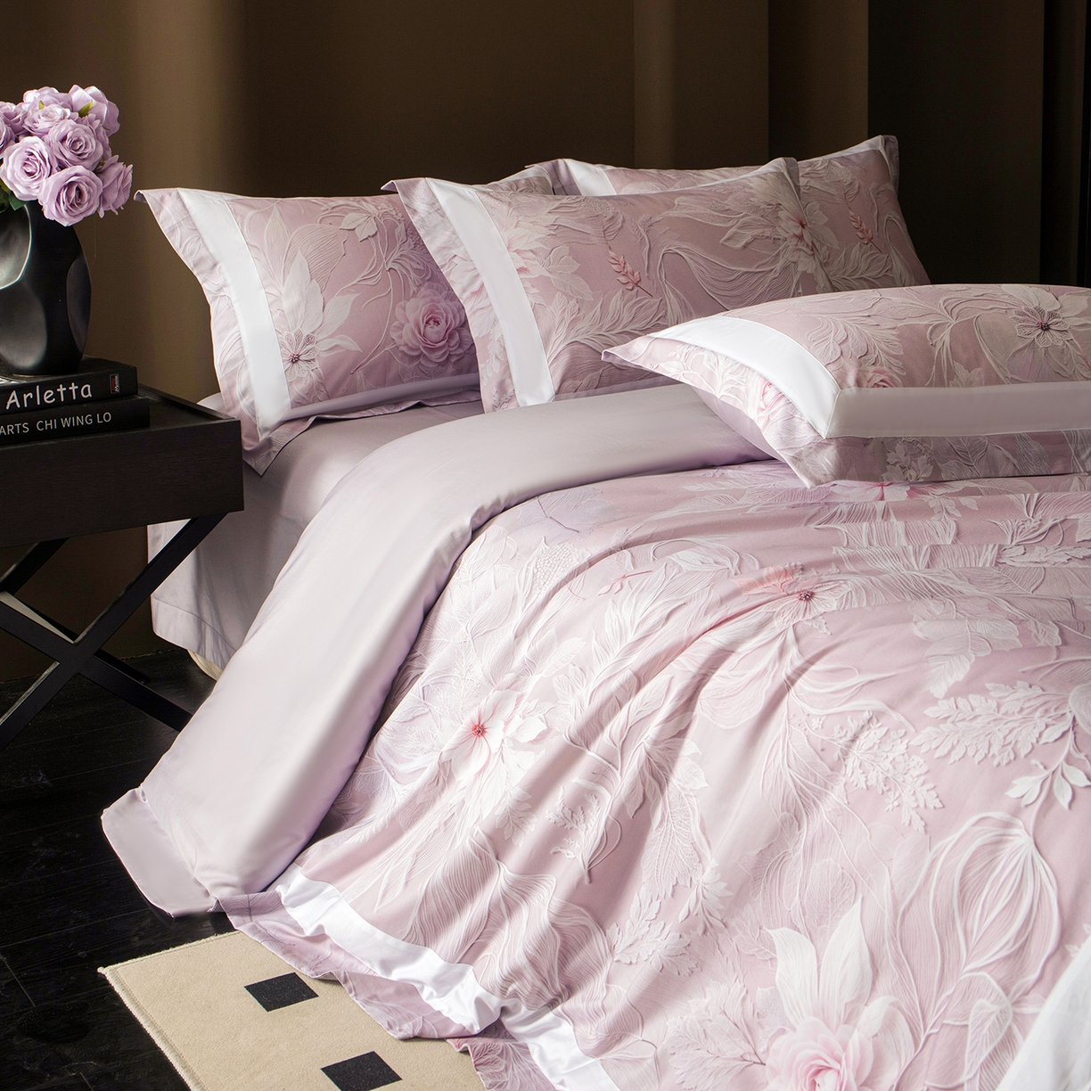 91家纺网 家纺一手货源 找家纺 洺兰家居 2025新款100支全棉新疆棉贴布工艺款四件套长绒棉贴边床单床笠床上用品套件专版（控价标准275加大285床笠275） 卡斯纳-紫