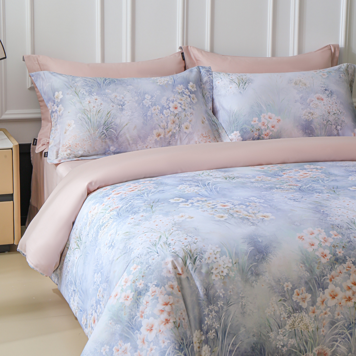 91家纺网 家纺一手货源 找家纺 （总）洺兰家居 2025新款100支全棉新疆棉数码印花四件套长绒棉贴边床单床笠床上用品套件-专版（控价标准235加大255床笠245）