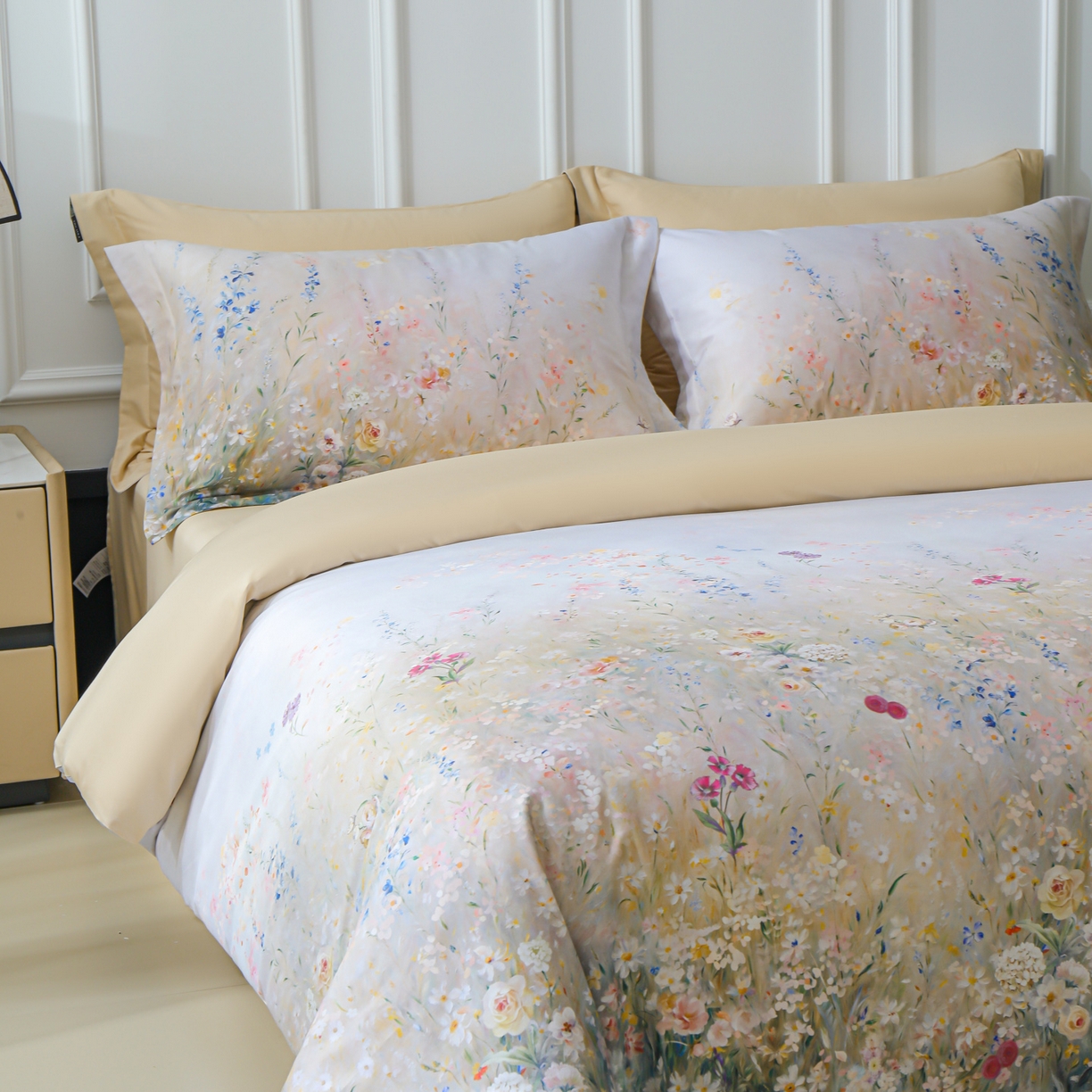 91家纺网 家纺一手货源 找家纺 洺兰家居 2025新款100支全棉新疆棉数码印花四件套长绒棉贴边床单床笠床上用品套件-专版（控价标准235加大255床笠245） 绚丽花溪