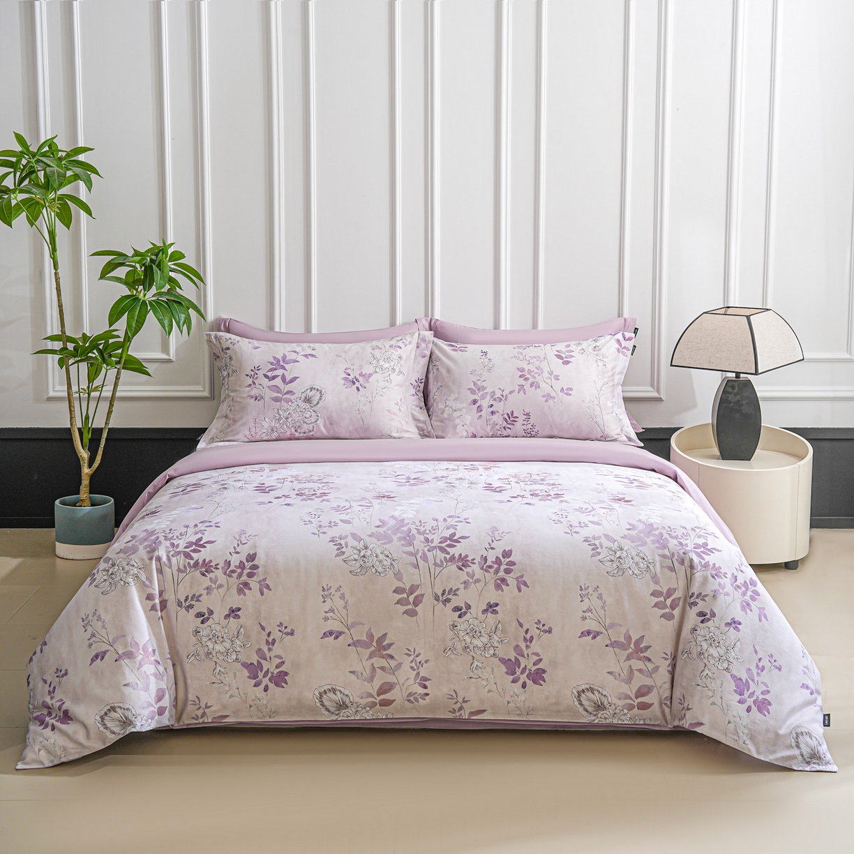 91家纺网 家纺一手货源 找家纺 洺兰家居 2025新款100支全棉新疆棉数码印花四件套长绒棉贴边床单床笠床上用品套件-专版（控价标准235加大255床笠245） 后庭花