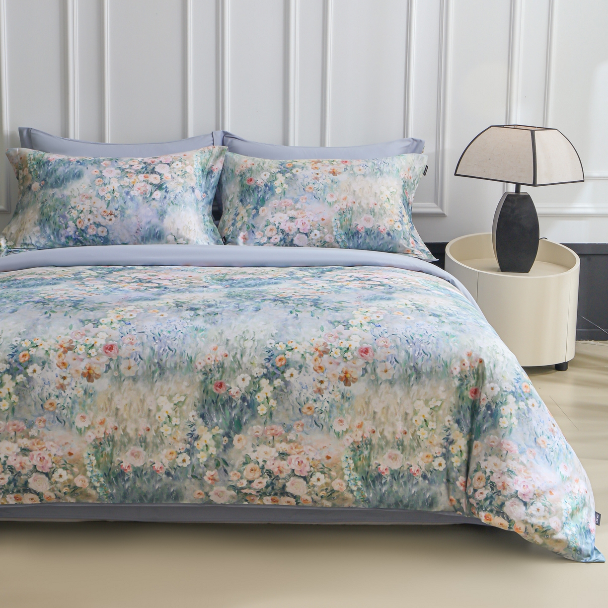 91家纺网 家纺一手货源 找家纺 洺兰家居 2025新款100支全棉新疆棉数码印花四件套长绒棉贴边床单床笠床上用品套件-专版（控价标准235加大255床笠245） 莫奈花园