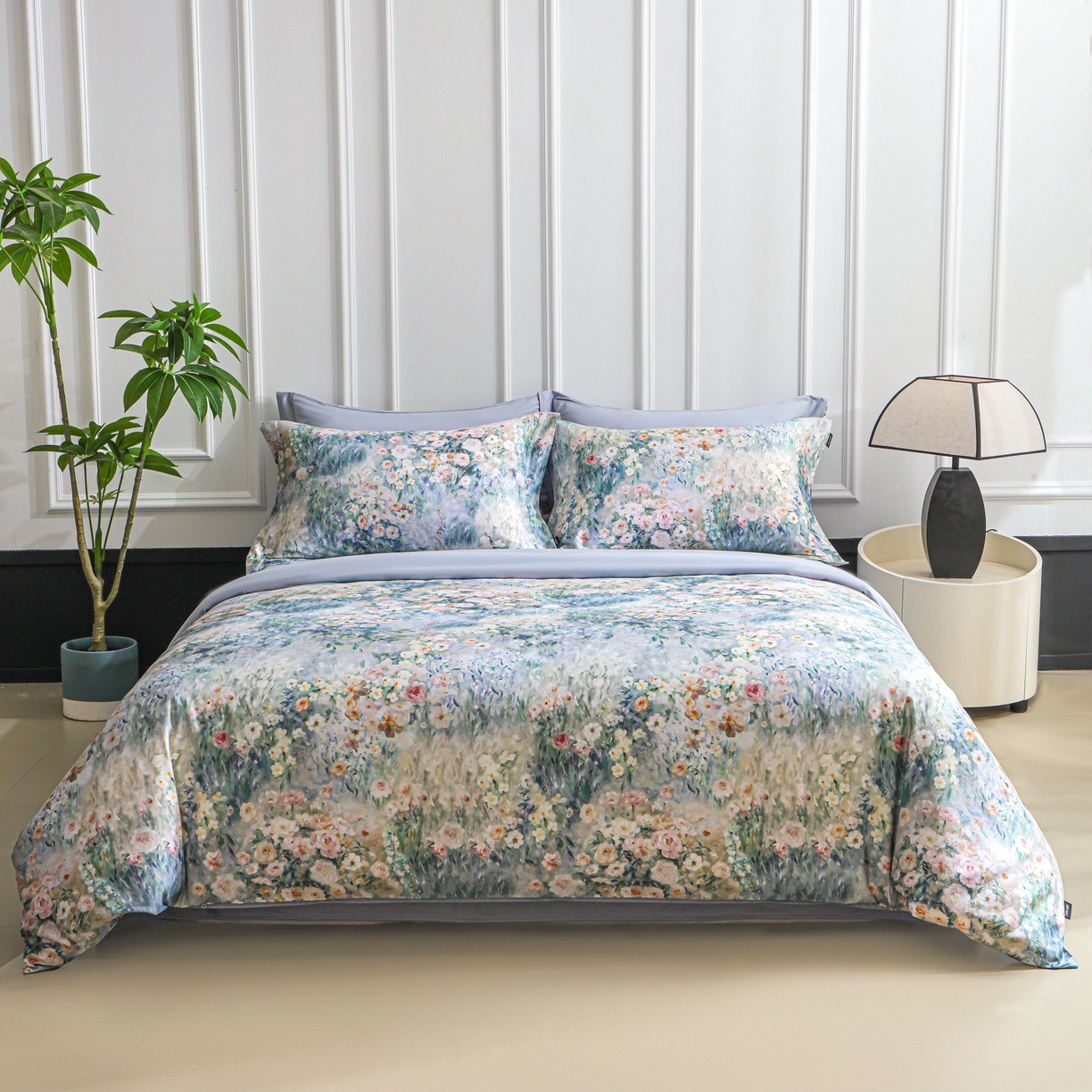 91家纺网 家纺一手货源 找家纺 洺兰家居 2025新款100支全棉新疆棉数码印花四件套长绒棉贴边床单床笠床上用品套件-专版（控价标准235加大255床笠245） 莫奈花园