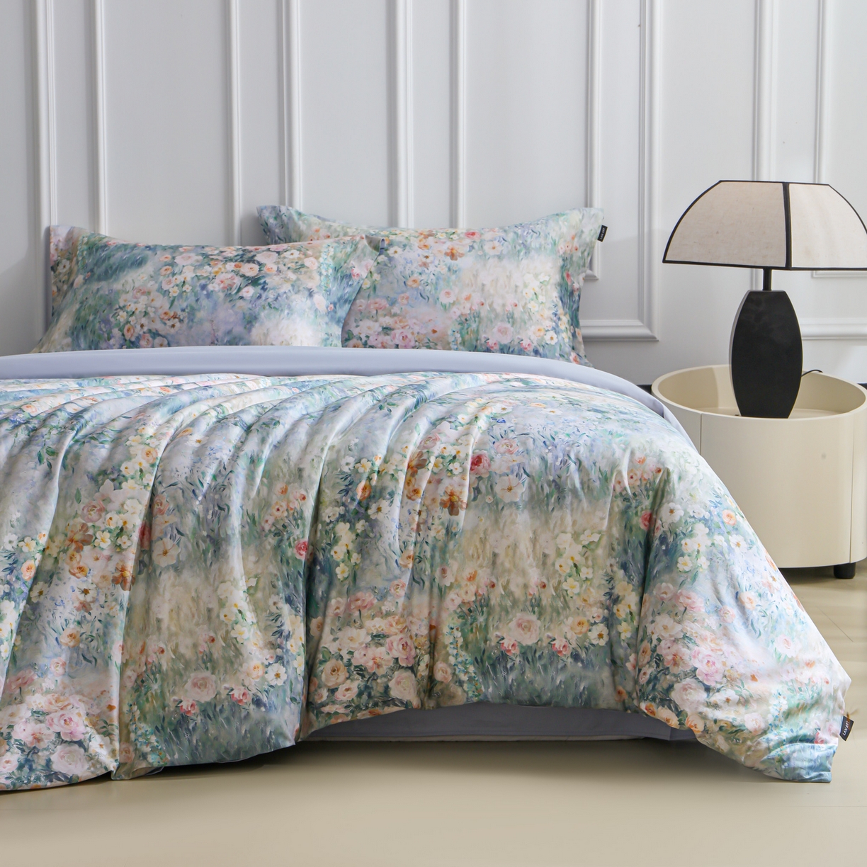 91家纺网 家纺一手货源 找家纺 洺兰家居 2025新款100支全棉新疆棉数码印花四件套长绒棉贴边床单床笠床上用品套件-专版（控价标准235加大255床笠245） 莫奈花园