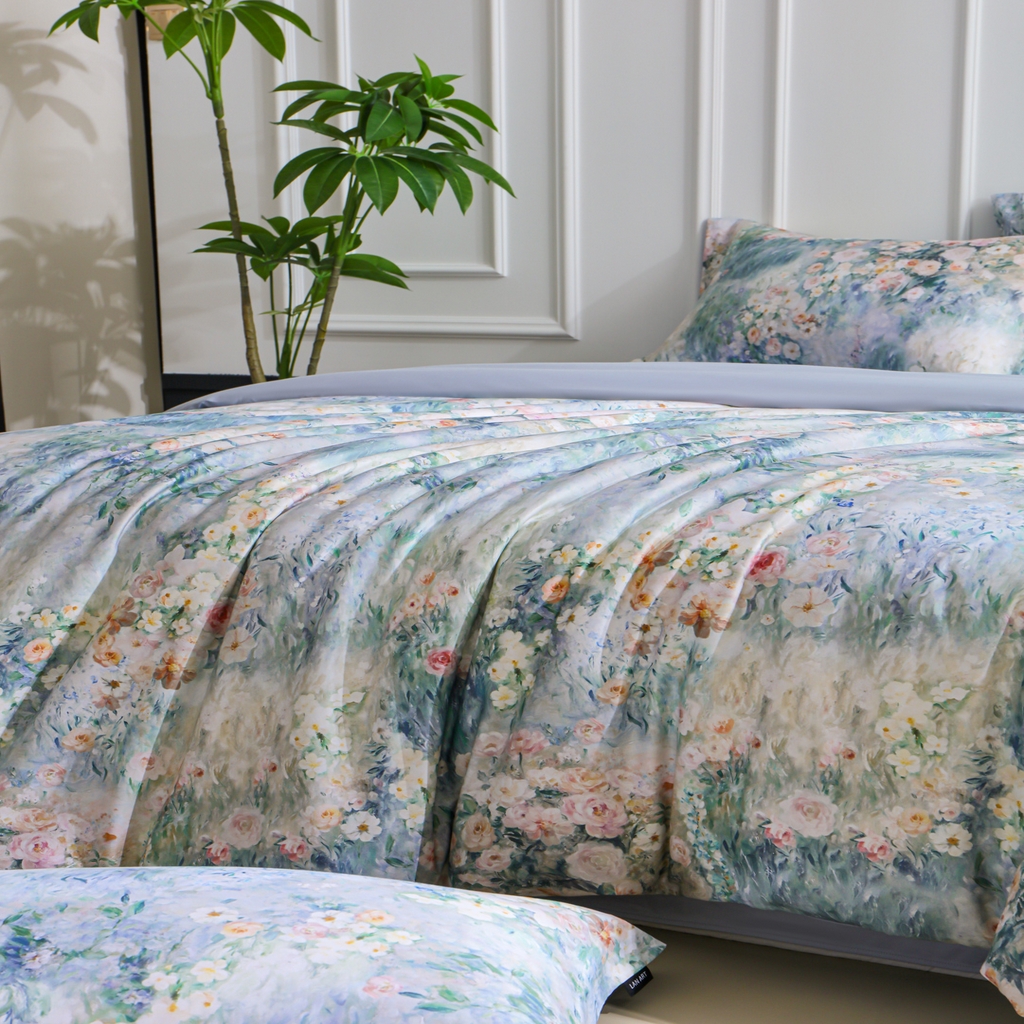 91家纺网 家纺一手货源 找家纺 洺兰家居 2025新款100支全棉新疆棉数码印花四件套长绒棉贴边床单床笠床上用品套件-专版（控价标准235加大255床笠245） 莫奈花园