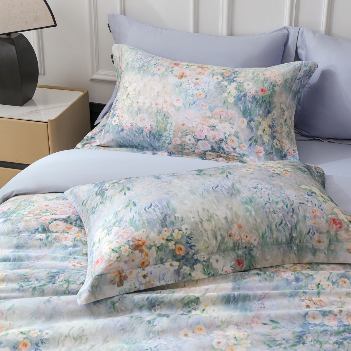 91家纺网 家纺一手货源 找家纺 洺兰家居 2025新款100支全棉新疆棉数码印花四件套长绒棉贴边床单床笠床上用品套件-专版（控价标准235加大255床笠245） 莫奈花园