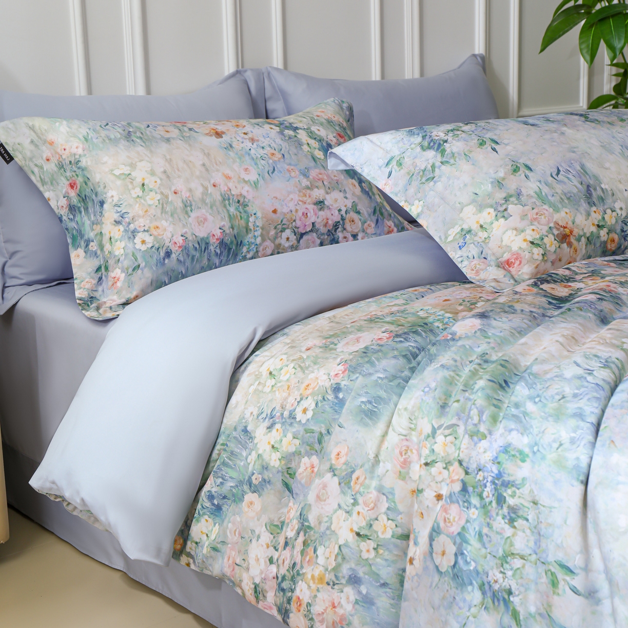 91家纺网 家纺一手货源 找家纺 洺兰家居 2025新款100支全棉新疆棉数码印花四件套长绒棉贴边床单床笠床上用品套件-专版（控价标准235加大255床笠245） 莫奈花园