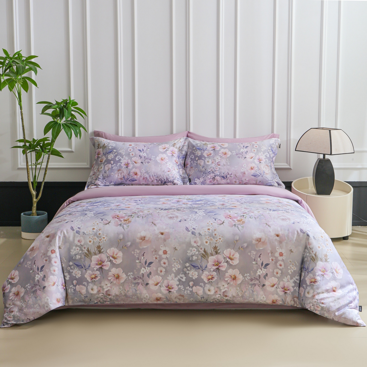 91家纺网 家纺一手货源 找家纺 洺兰家居 2025新款100支全棉新疆棉数码印花四件套长绒棉贴边床单床笠床上用品套件-专版（控价标准235加大255床笠245） 琪花瑶草