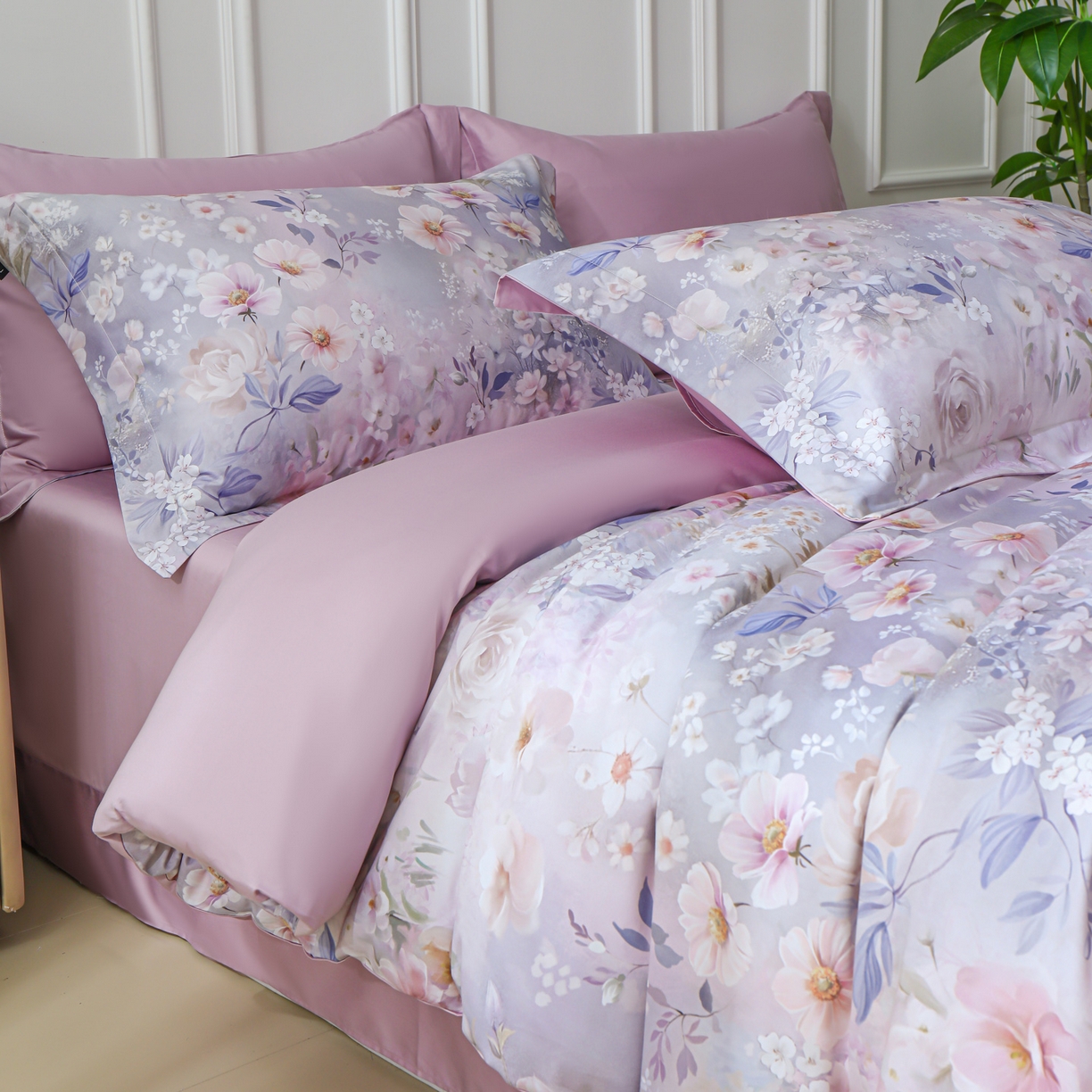 91家纺网 家纺一手货源 找家纺 洺兰家居 2025新款100支全棉新疆棉数码印花四件套长绒棉贴边床单床笠床上用品套件-专版（控价标准235加大255床笠245） 琪花瑶草