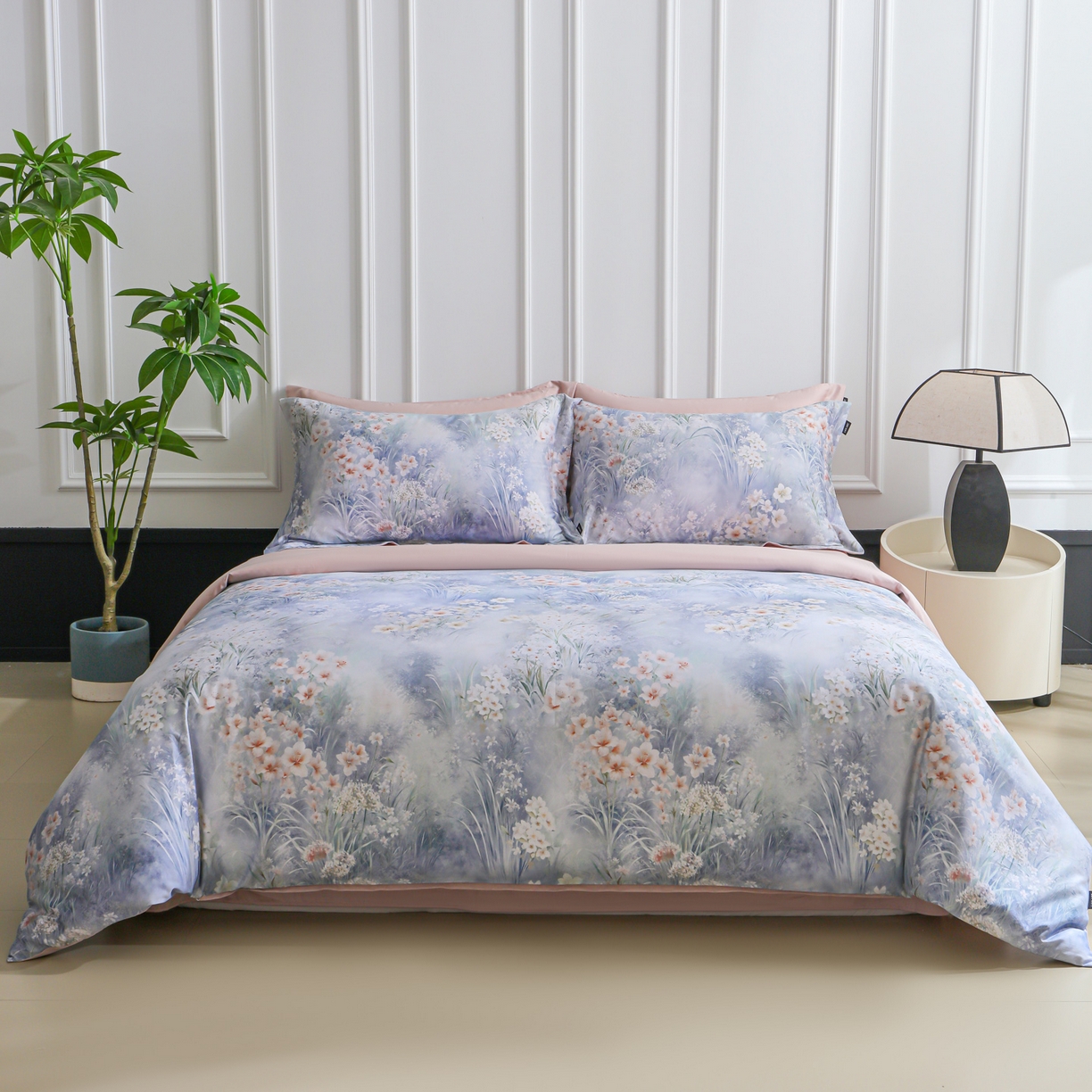 91家纺网 家纺一手货源 找家纺 洺兰家居 2025新款100支全棉新疆棉数码印花四件套长绒棉贴边床单床笠床上用品套件-专版（控价标准235加大255床笠245） 清风絮语