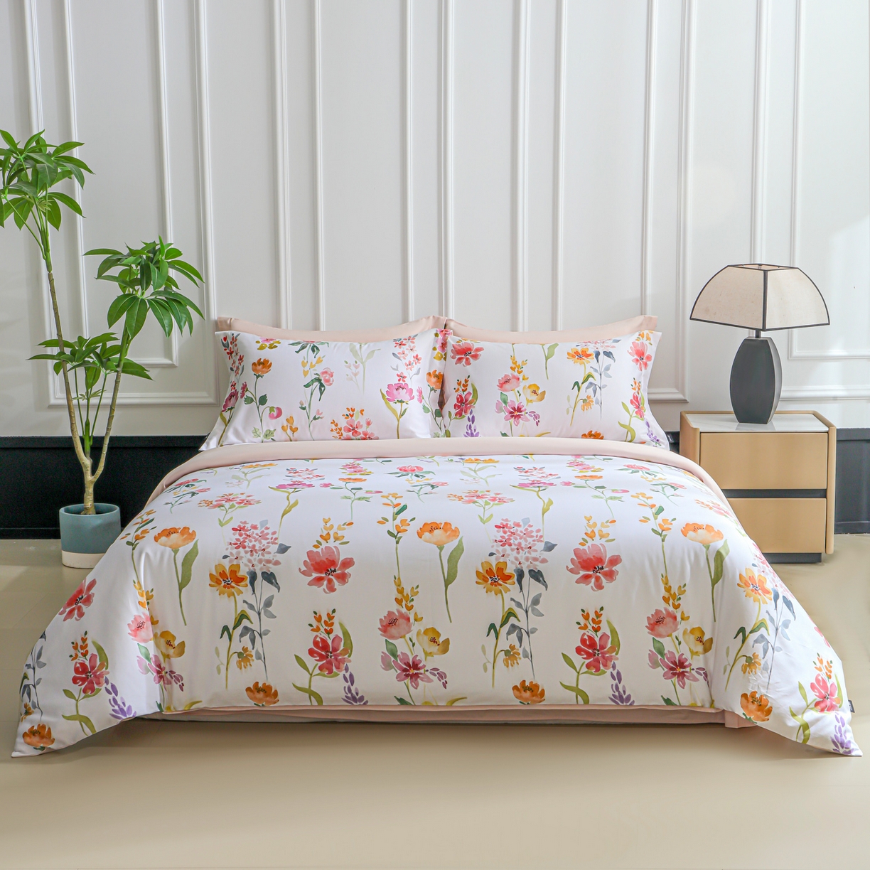 91家纺网 家纺一手货源 找家纺 洺兰家居 2025新款100支全棉新疆棉数码印花四件套长绒棉贴边床单床笠床上用品套件-专版（控价标准235加大255床笠245） 夏日和煦