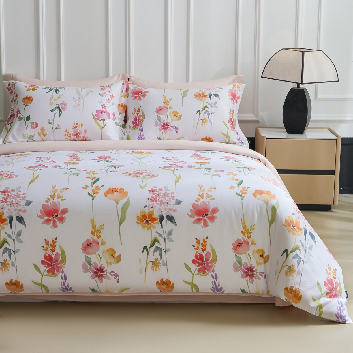 91家纺网 家纺一手货源 找家纺 洺兰家居 2025新款100支全棉新疆棉数码印花四件套长绒棉贴边床单床笠床上用品套件-专版（控价标准235加大255床笠245） 夏日和煦