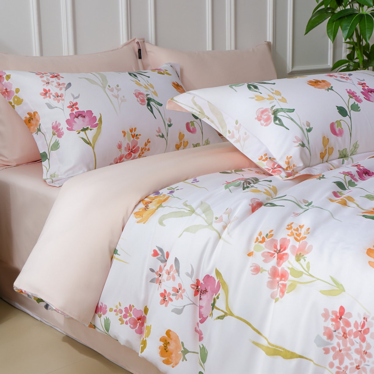 91家纺网 家纺一手货源 找家纺 洺兰家居 2025新款100支全棉新疆棉数码印花四件套长绒棉贴边床单床笠床上用品套件-专版（控价标准235加大255床笠245） 夏日和煦