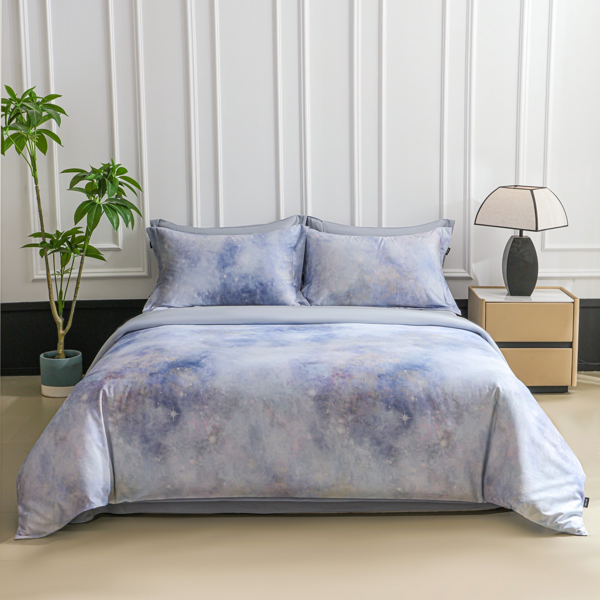 91家纺网 家纺一手货源 找家纺 洺兰家居 2025新款100支全棉新疆棉数码印花四件套长绒棉贴边床单床笠床上用品套件-专版（控价标准235加大255床笠245） 星辰大海