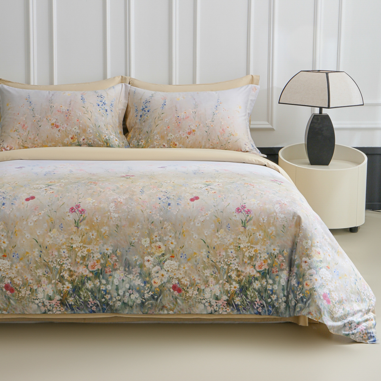 91家纺网 家纺一手货源 找家纺 洺兰家居 2025新款100支全棉新疆棉数码印花四件套长绒棉贴边床单床笠床上用品套件-专版（控价标准235加大255床笠245） 绚丽花溪