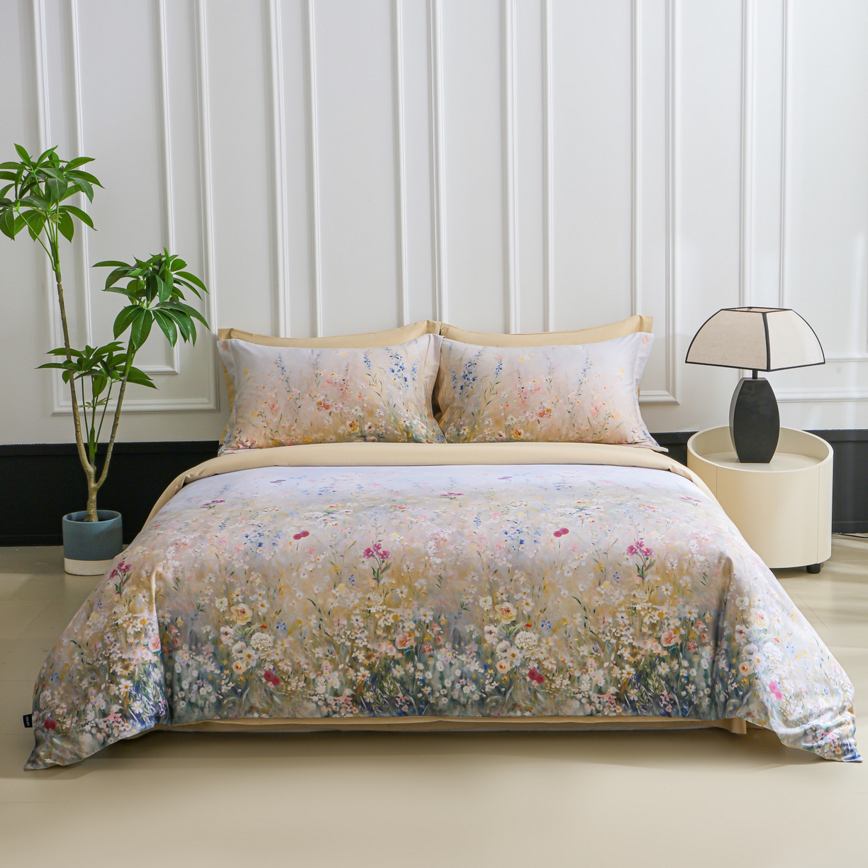 91家纺网 家纺一手货源 找家纺 洺兰家居 2025新款100支全棉新疆棉数码印花四件套长绒棉贴边床单床笠床上用品套件-专版（控价标准235加大255床笠245） 绚丽花溪