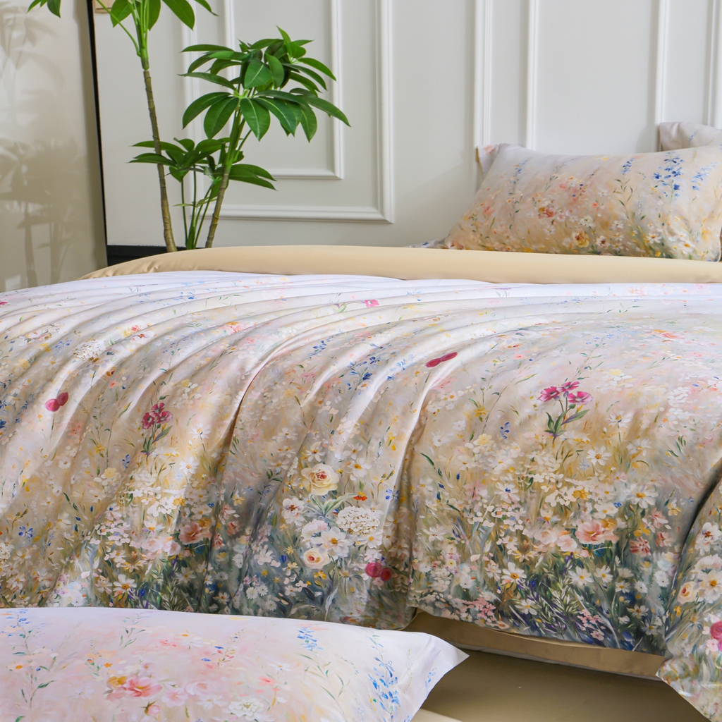 91家纺网 家纺一手货源 找家纺 洺兰家居 2025新款100支全棉新疆棉数码印花四件套长绒棉贴边床单床笠床上用品套件-专版（控价标准235加大255床笠245） 绚丽花溪