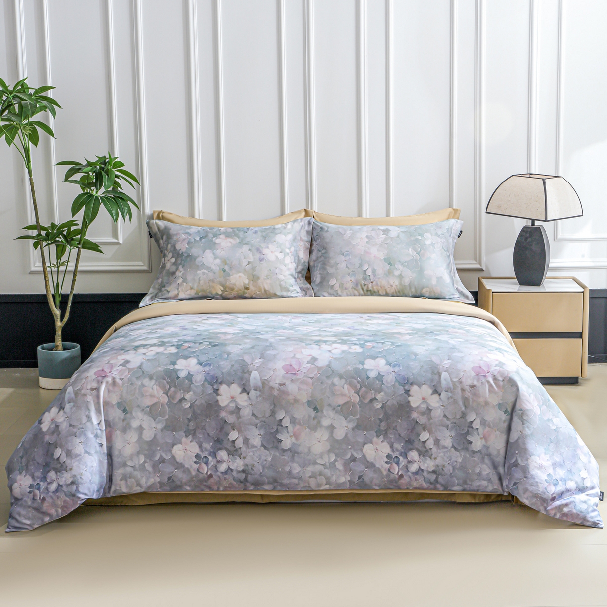 91家纺网 家纺一手货源 找家纺 洺兰家居 2025新款100支全棉新疆棉数码印花四件套长绒棉贴边床单床笠床上用品套件-专版（控价标准235加大255床笠245） 伊甸花园-绿