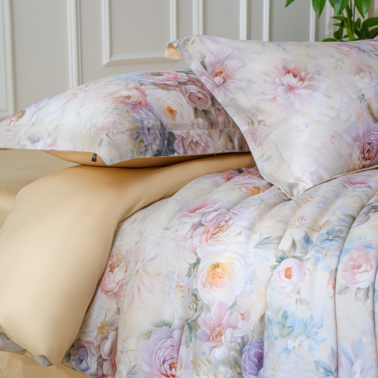 91家纺网 家纺一手货源 找家纺 洺兰家居 2025新款100支全棉新疆棉数码印花四件套长绒棉贴边床单床笠床上用品套件-专版（控价标准235加大255床笠245） 雨露花香