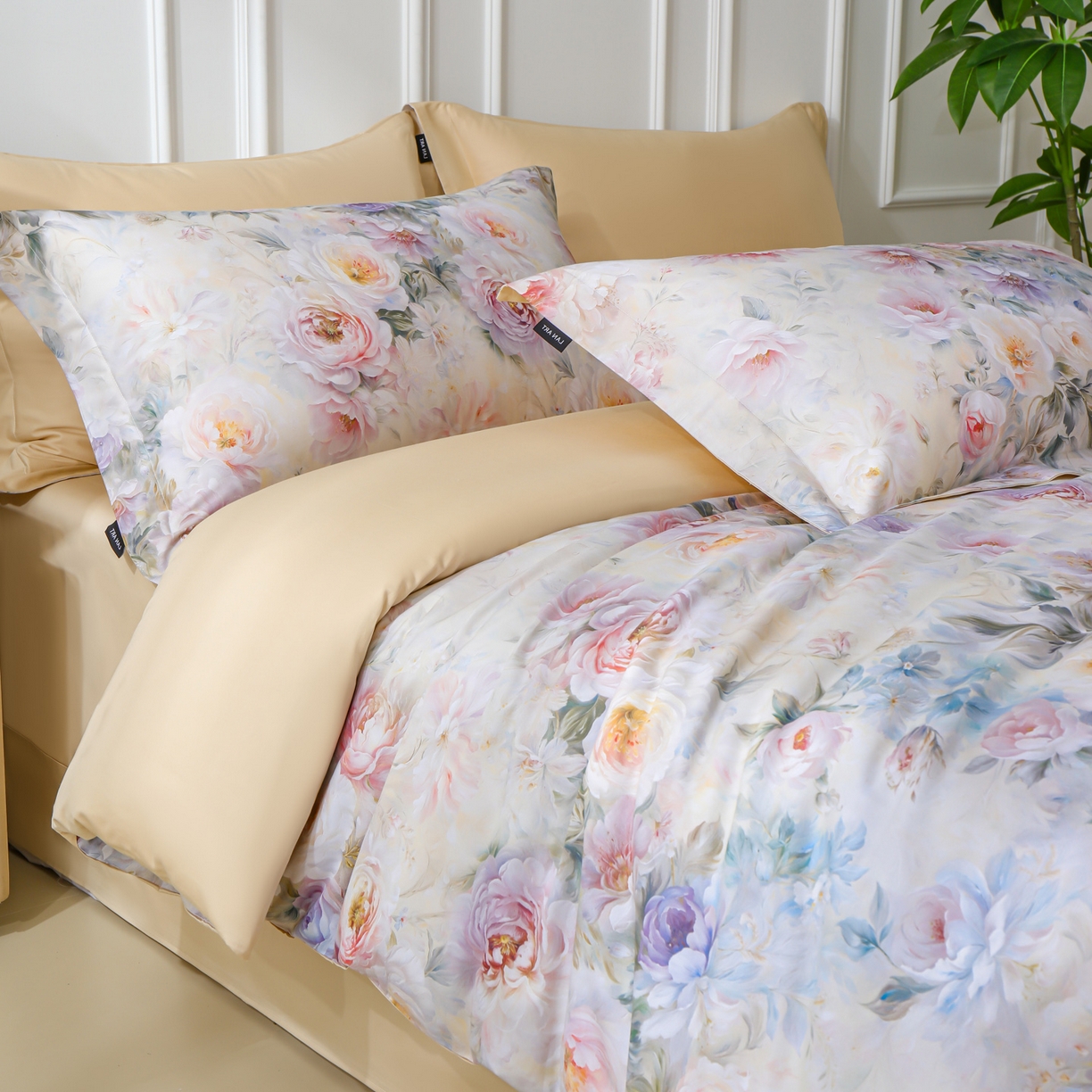 91家纺网 家纺一手货源 找家纺 洺兰家居 2025新款100支全棉新疆棉数码印花四件套长绒棉贴边床单床笠床上用品套件-专版（控价标准235加大255床笠245） 雨露花香