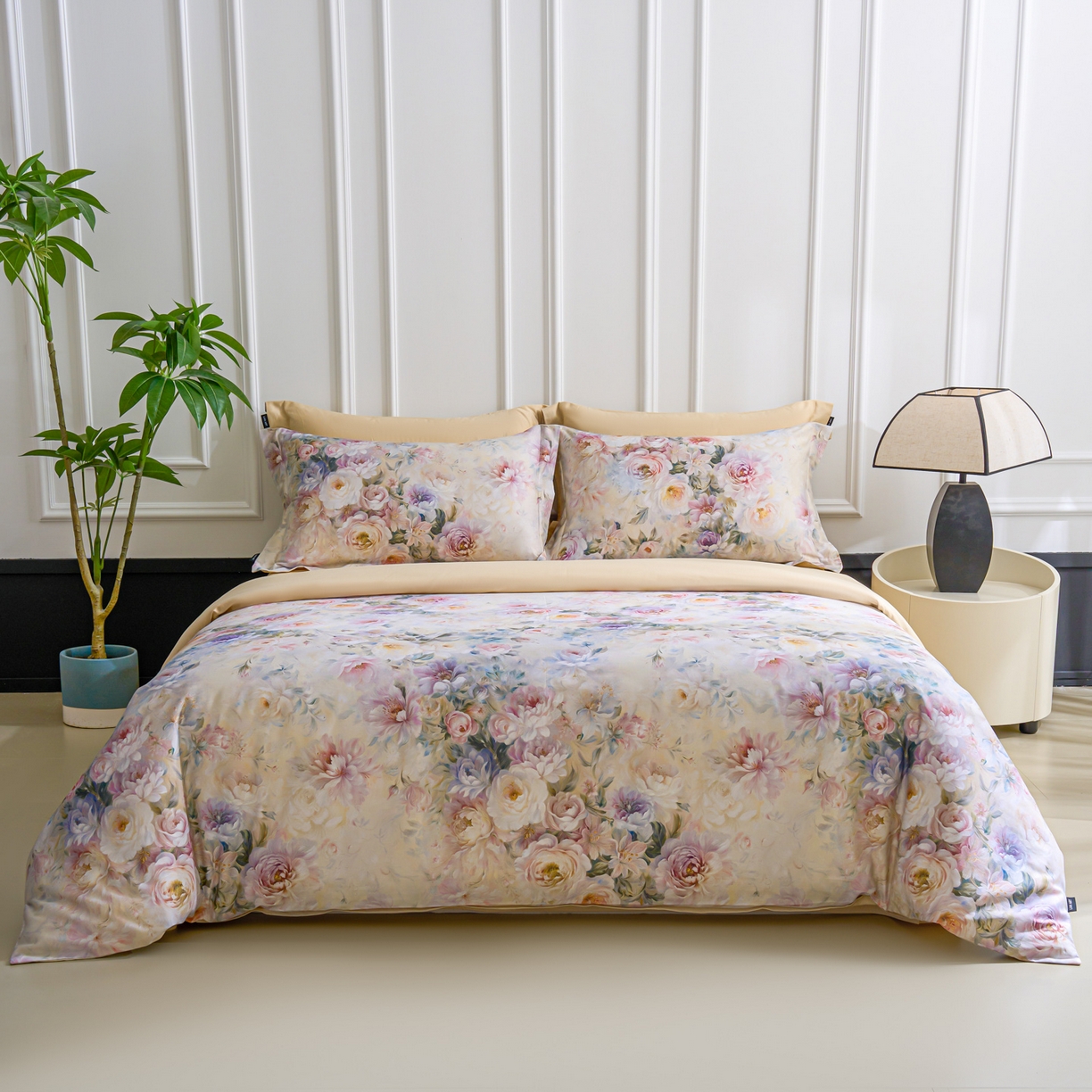 91家纺网 家纺一手货源 找家纺 洺兰家居 2025新款100支全棉新疆棉数码印花四件套长绒棉贴边床单床笠床上用品套件-专版（控价标准235加大255床笠245） 雨露花香