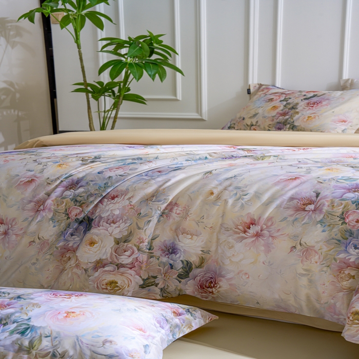 91家纺网 家纺一手货源 找家纺 洺兰家居 2025新款100支全棉新疆棉数码印花四件套长绒棉贴边床单床笠床上用品套件-专版（控价标准235加大255床笠245） 雨露花香