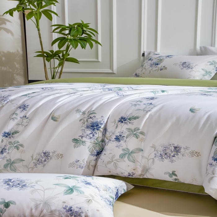 91家纺网 家纺一手货源 找家纺 洺兰家居 2025新款100支全棉新疆棉数码印花四件套长绒棉贴边床单床笠床上用品套件-专版（控价标准235加大255床笠245） 悦下花影-绿