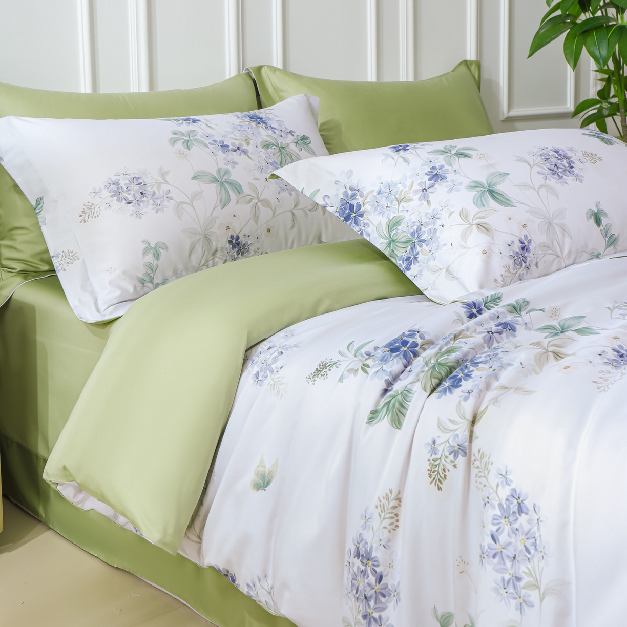 91家纺网 家纺一手货源 找家纺 洺兰家居 2025新款100支全棉新疆棉数码印花四件套长绒棉贴边床单床笠床上用品套件-专版（控价标准235加大255床笠245） 悦下花影-绿